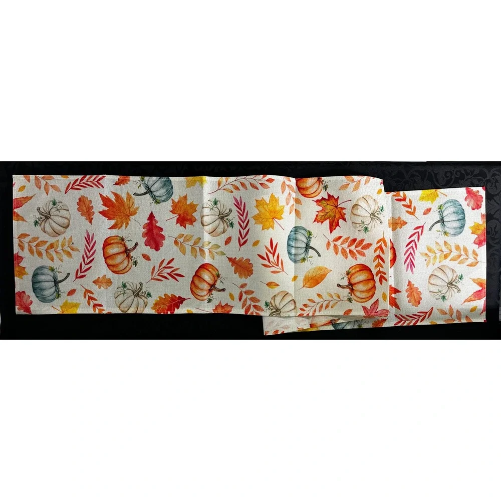Autumn Pumpkin Leaf Table Runner Fall Harvest Thanksgiving Burlap Style 13x72 in